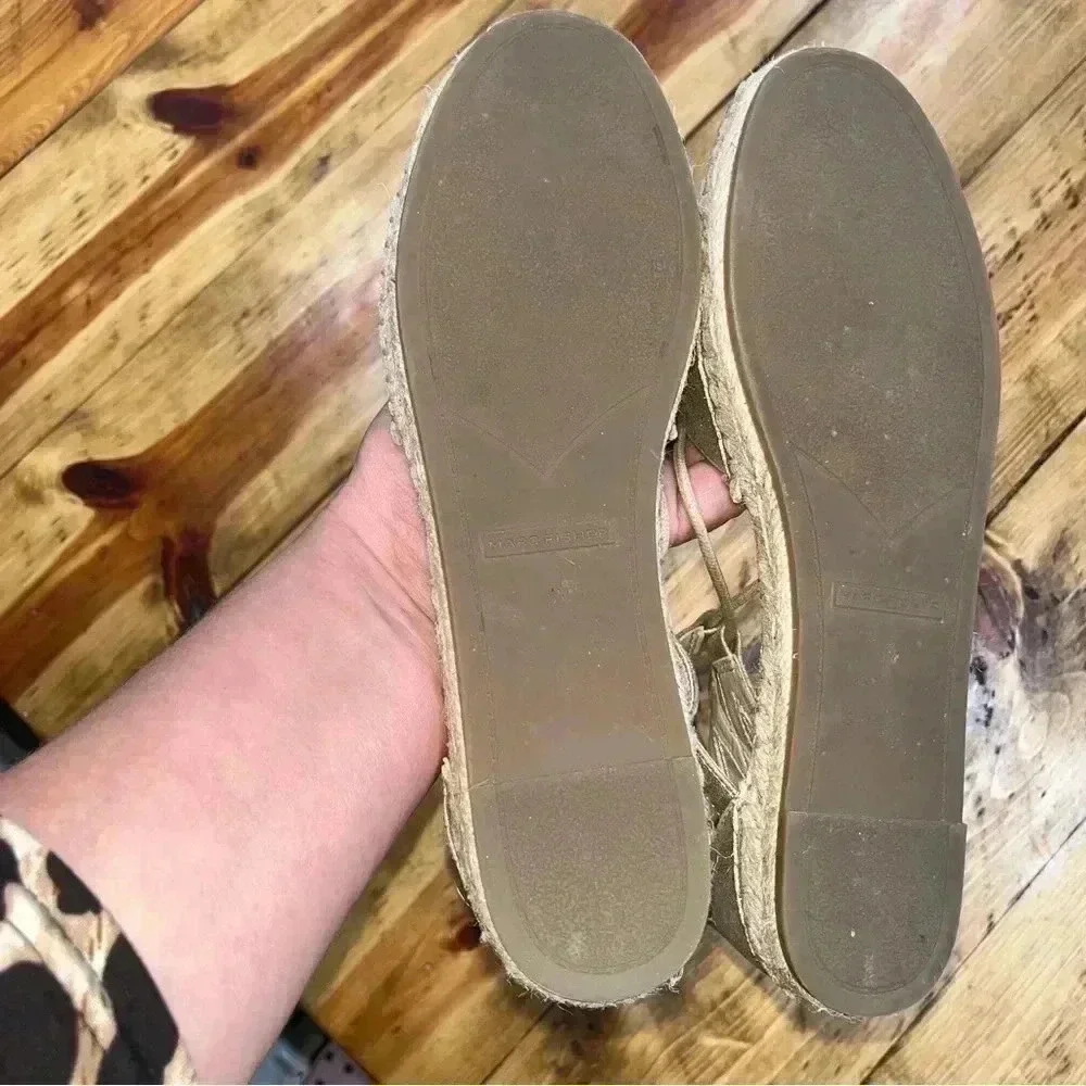 Marc Fisher genuine soft leather, gold, ankle tie, flat, espadrilles, shoes,